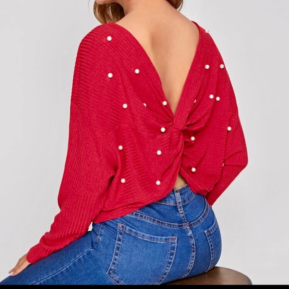 SHEIN Tops - Pearl Beaded Twist Back Rib-knit Top Size S